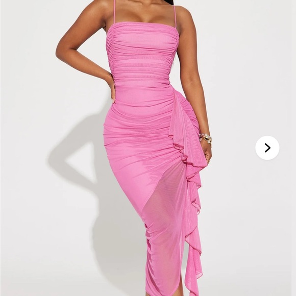 Fashion Nova Dresses & Skirts - Pretty Lady Ruched mesh midi Pink Asymmetrical Dress